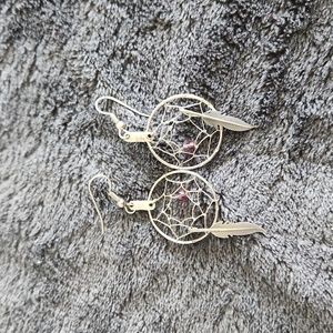 Silver dream catcher earrings with purple bead